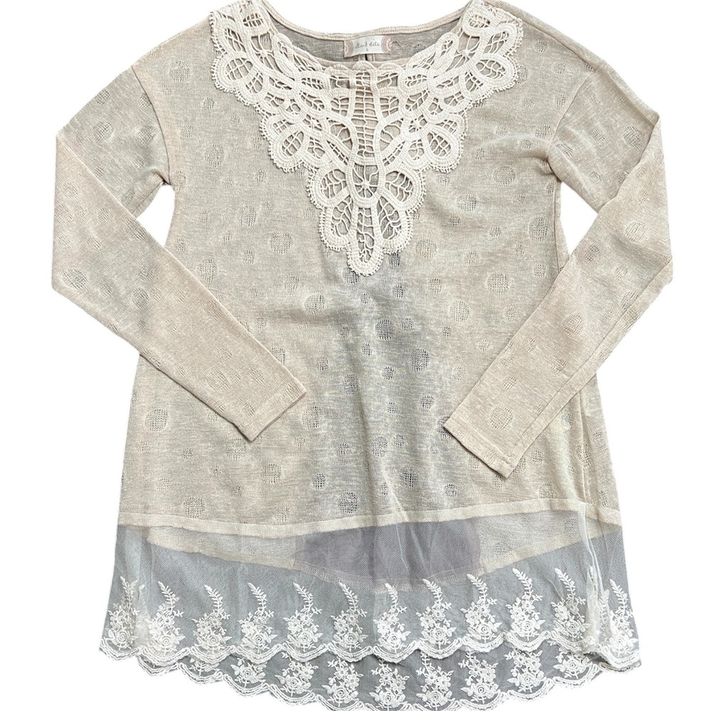 Altar'd State Beige Crochet Lace Overlay Sheer Knit Tunic Top Womens Small
